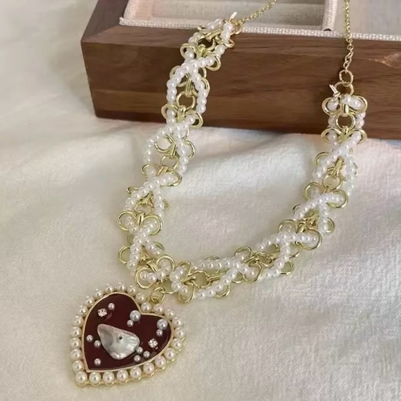 “Red Heart Sea of Pearls” Flake Shard Float Drift Love Romance Ocean Necklace - Picture 14 of 16